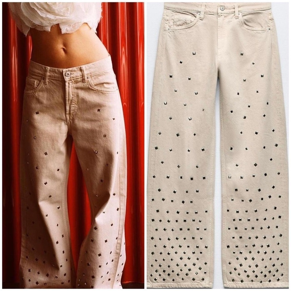 Zara TRF Beige Studded Mid Waist Wide Legs Jeans.